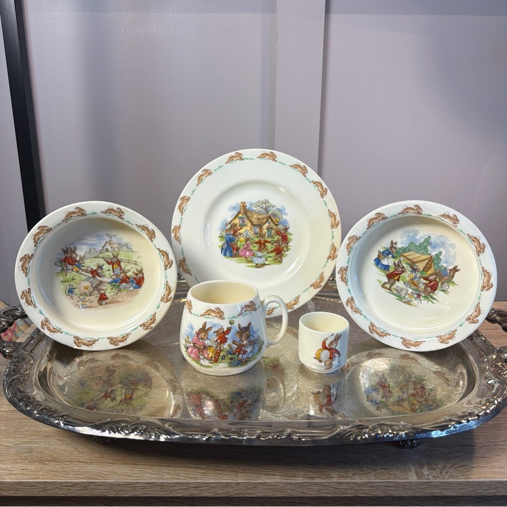 VTG Royal Doulton Bunnykins 5 Pc Set Bowls Plates Cups Fine Bone China